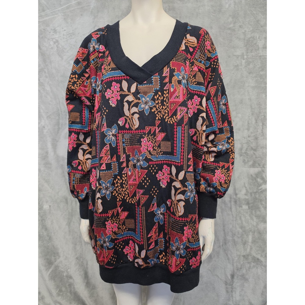 Vintage Top Notch Womens 3X Black Floral Geometric Tunic Sweater 80s 55257